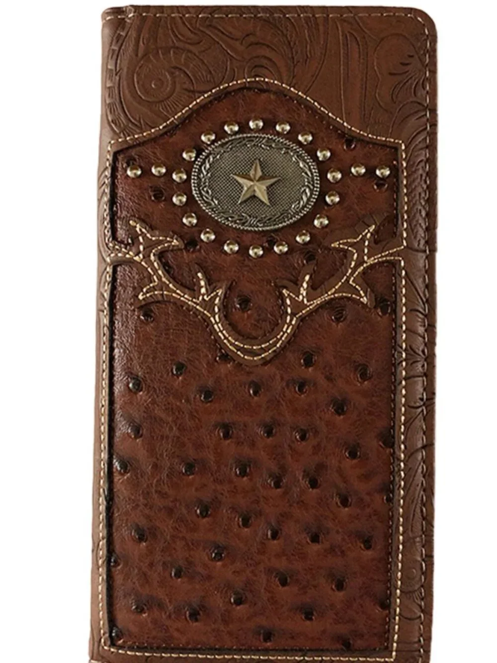 Men's New Western Wallet With Star Emblem Faux Brown Leather Cowboy